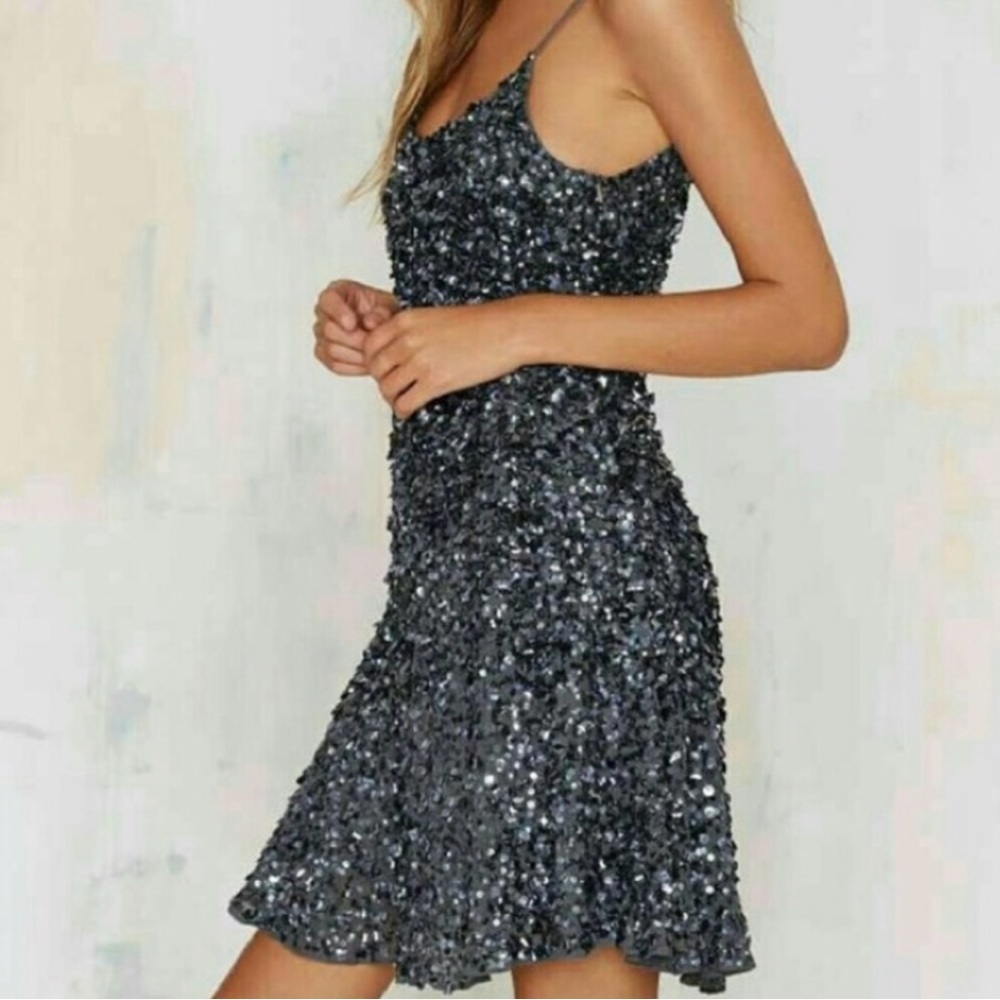 Scala Silk Sequin Beaded Cocktail Party Dress Flounce Bottom‎ Sz 10 Large